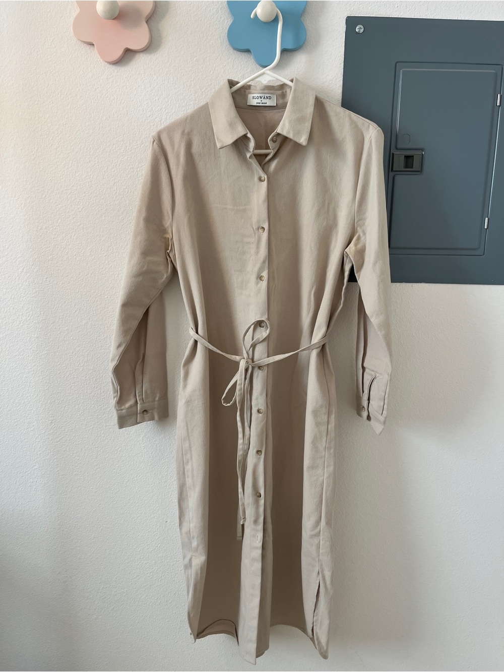 Beige Button-Front Shirt Dress with Tie Waist